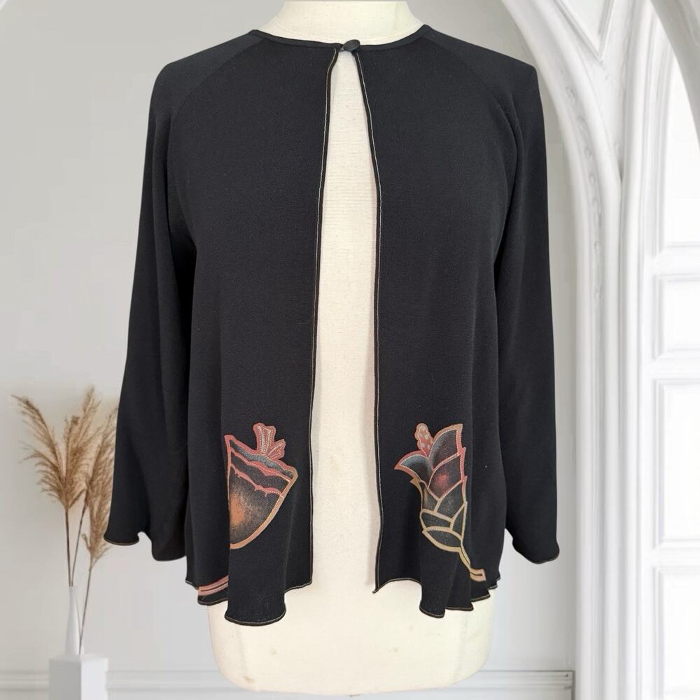 K Riley Artist Batik Block Print Wearable Art Black 100% Silk Jacket Sz S Rare